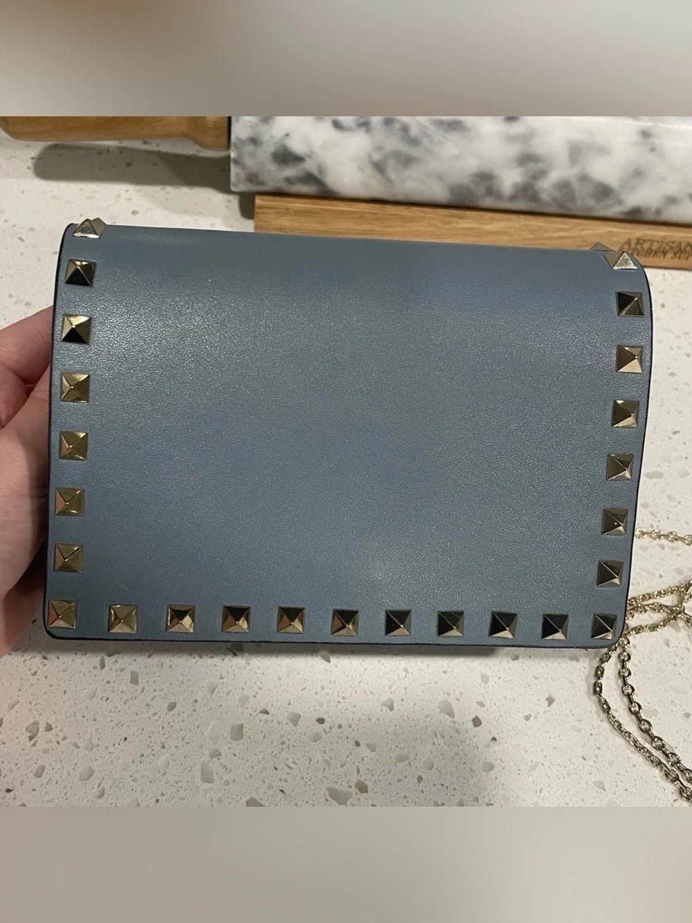 Valentino Garavani authentic Slate Blue Rockstud Crossbody with Gold Chain